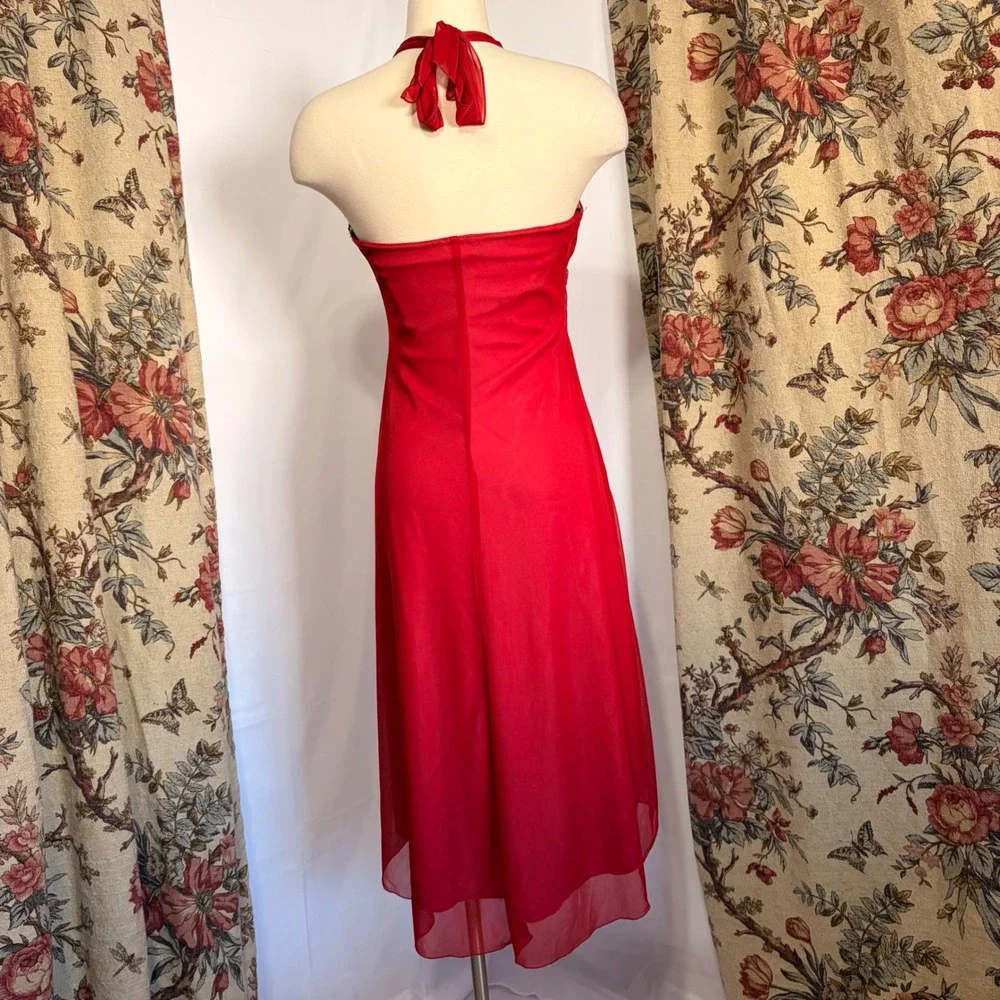 City Triangles Gorgeous Vintage Red Halter Gown with red beaded detailing